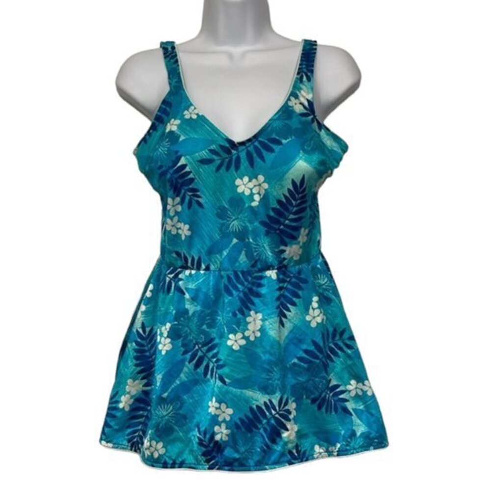 Vintage Maxine of Hollywood Tropical Teal Swimdress Swimsuit Size 16 EUC #6632